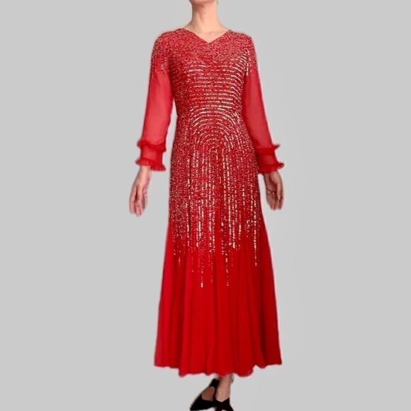 Vintage Red long-sleeve  beaded and sequined chiffon evening dress - Picture 3 of 14